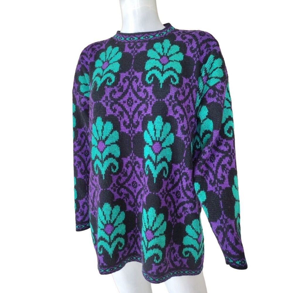 Vintage Dana Scott Sweater Woman Large Purple Green Floral‎ Metallic Knit Party
